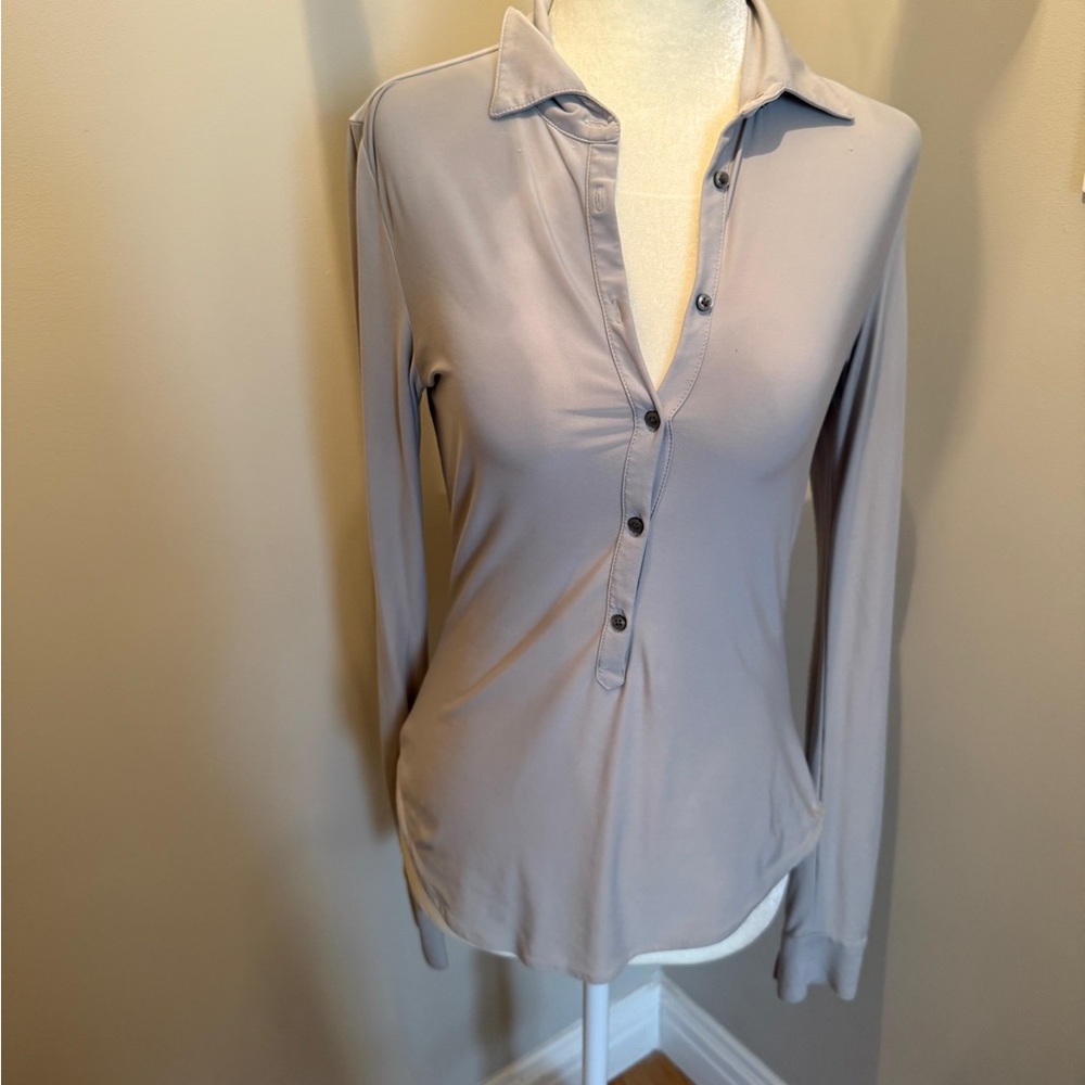 Express Fitted Gray Cream Long Sleeve Notched Collar Shirt